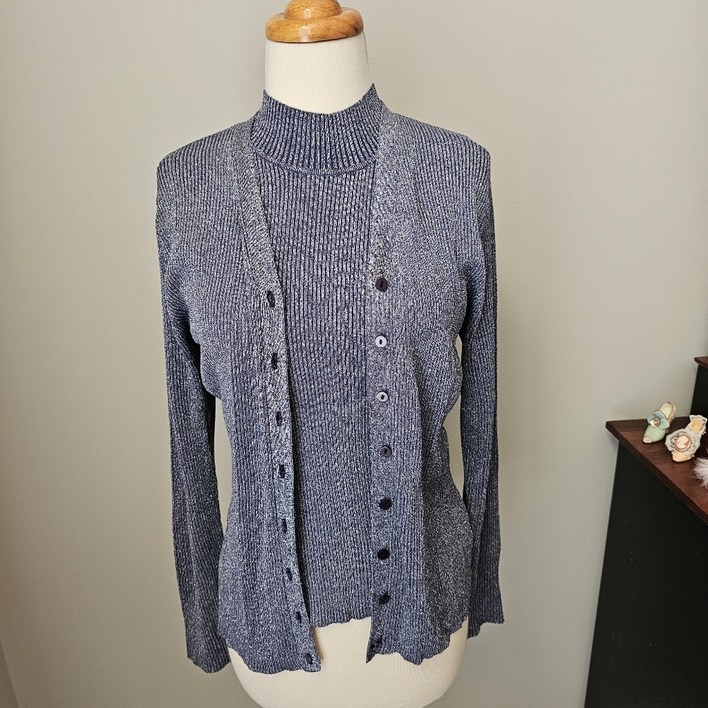 Kasper Silk Metallic Ribbed Knit Twin Set Cardigan Tank PL